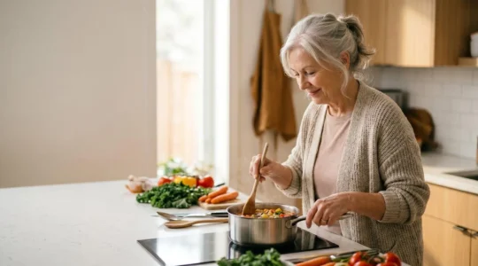 Senior en activité dans sa cuisine adaptée préparant un repas équilibré