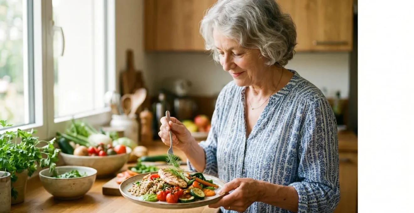 Senior préparant un repas équilibré et léger dans une cuisine lumineuse