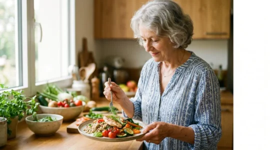 Senior préparant un repas équilibré et léger dans une cuisine lumineuse