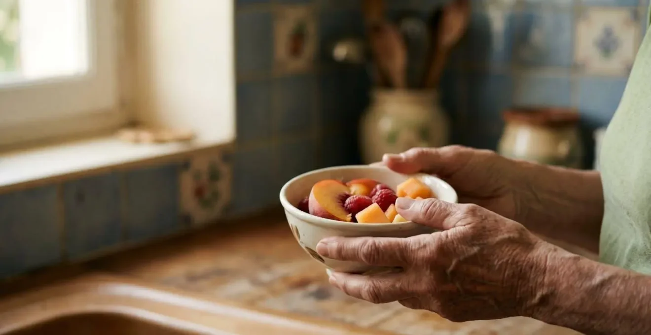 Gros plan sur les mains d'une personne senior tenant délicatement des quartiers de fruits tendres, dans une cuisine lumineuse française, évoquant autonomie et plaisir alimentaire