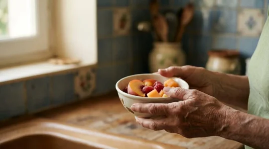 Gros plan sur les mains d'une personne senior tenant délicatement des quartiers de fruits tendres, dans une cuisine lumineuse française, évoquant autonomie et plaisir alimentaire