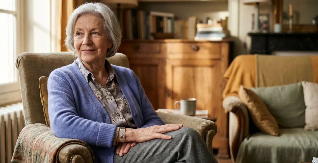 Senior âgé souriant chez lui portant un bracelet de téléassistance, symbolisant la sécurité et le maintien à domicile