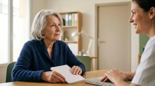 Senior consultant un professionnel de santé dans un cadre médical lumineux et rassurant