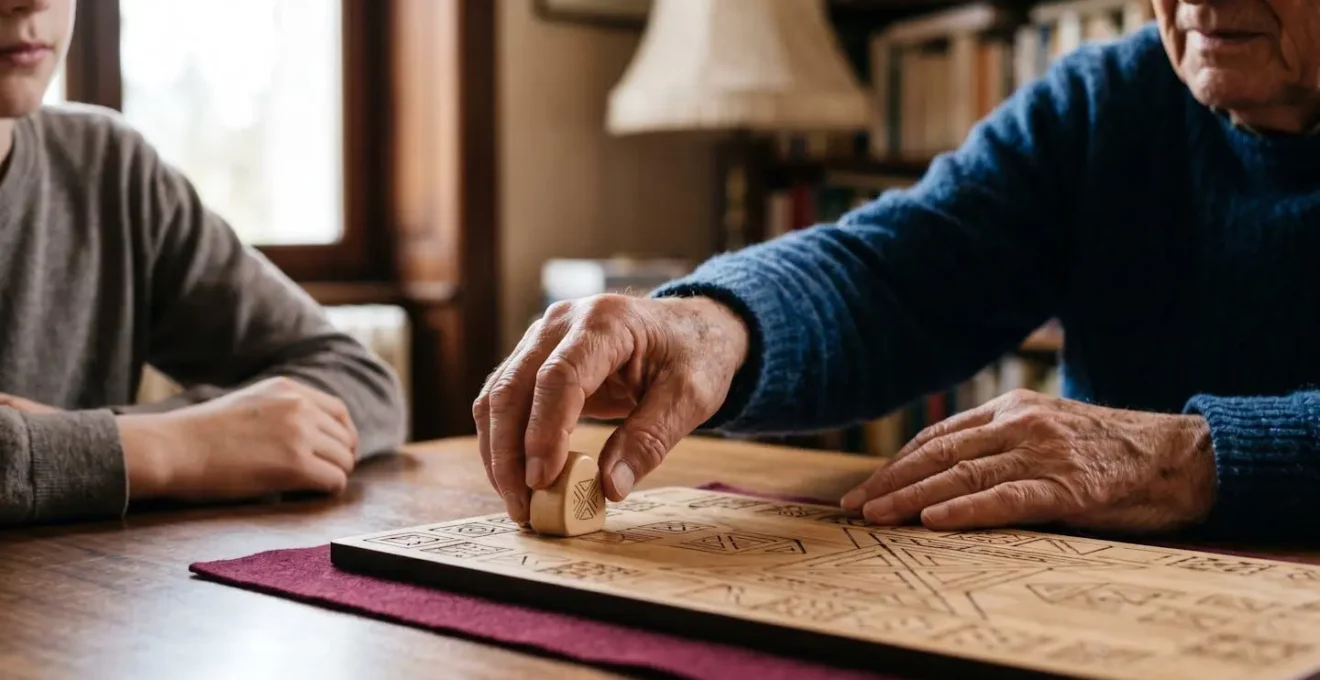 Mains de seniors jouant ensemble à un jeu de société sur une table en bois dans une atmosphère chaleureuse