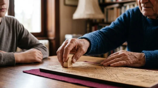 Mains de seniors jouant ensemble à un jeu de société sur une table en bois dans une atmosphère chaleureuse