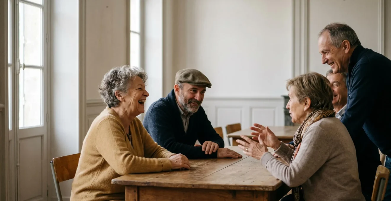 Groupe de seniors souriants réunis dans un espace associatif lumineux en France