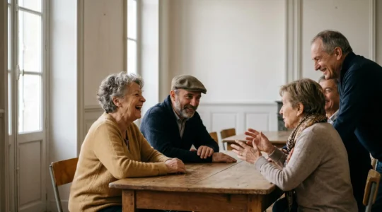 Groupe de seniors souriants réunis dans un espace associatif lumineux en France