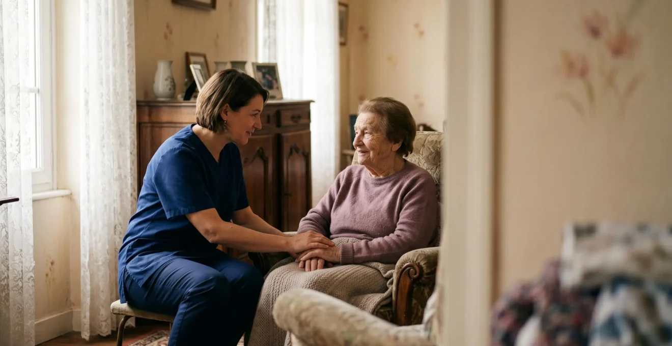 Personne âgée accompagnée par une professionnelle de santé à son domicile