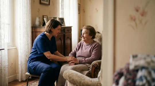 Personne âgée accompagnée par une professionnelle de santé à son domicile