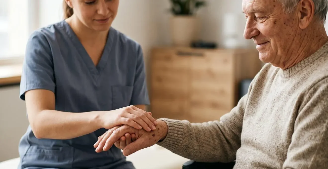 Mains d'un professionnel de santé accompagnant une personne âgée dans une approche thérapeutique douce et bienveillante
