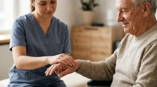 Mains d'un professionnel de santé accompagnant une personne âgée dans une approche thérapeutique douce et bienveillante