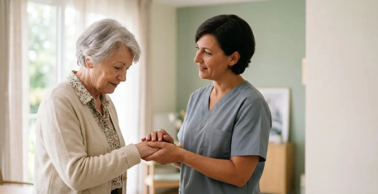 Accompagnement d'une personne âgée par un soignant professionnel dans un environnement chaleureux et respectueux