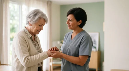 Accompagnement d'une personne âgée par un soignant professionnel dans un environnement chaleureux et respectueux