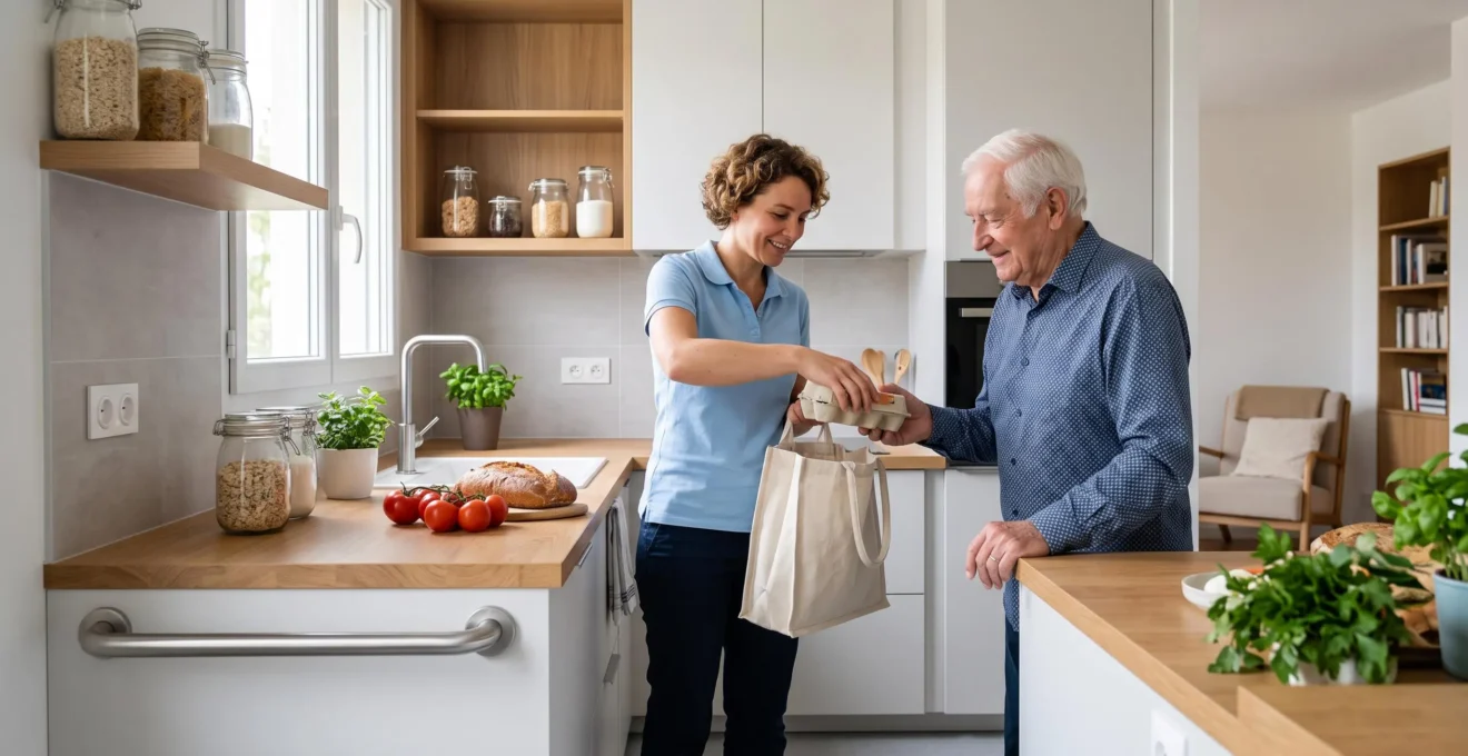 Auxiliaire de vie aidant un senior à ranger des courses dans la cuisine adaptée PMR de son logement en résidence services, interaction naturelle et respectueuse