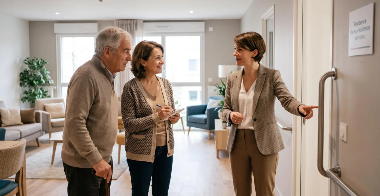 Famille visitant une résidence services seniors accompagnée de la directrice, découverte d'un logement adapté et discussion sur les équipements et services proposés