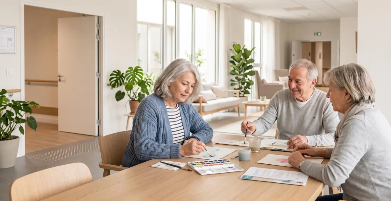 Trois seniors assis autour d'une table dans un espace commun lumineux de résidence services, participant ensemble à un atelier créatif, ambiance conviviale et naturelle