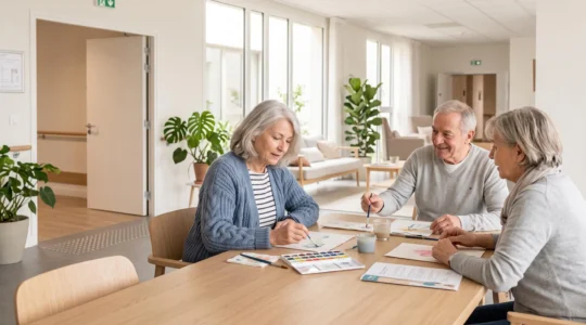 Trois seniors assis autour d'une table dans un espace commun lumineux de résidence services, participant ensemble à un atelier créatif, ambiance conviviale et naturelle