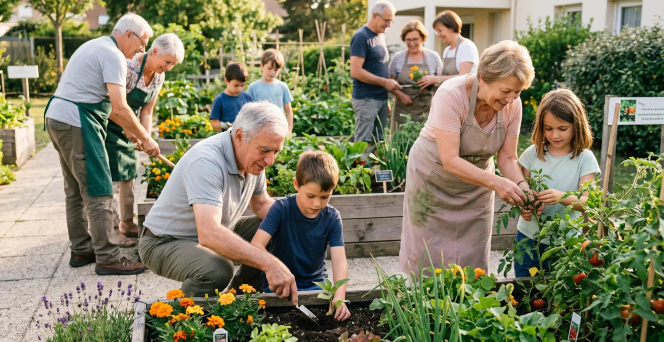 Seniors et enfants jardinant ensemble dans le jardin d'une résidence services, échanges intergénérationnels authentiques autour de bacs de plantation surélevés accessibles